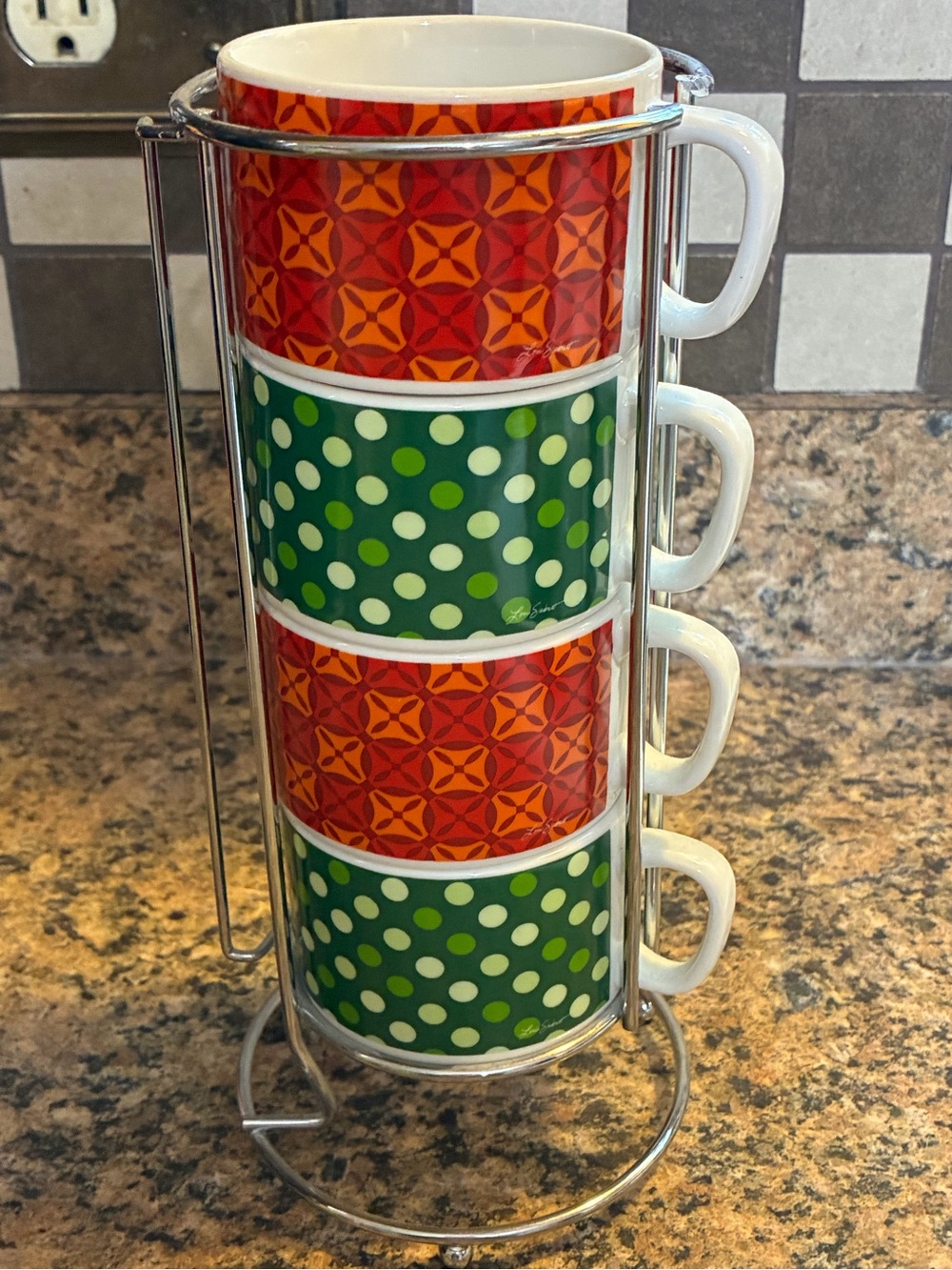 Cypress stackable coffee cups &holder, excellent shape